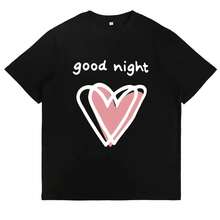Pink And White 'Good Night' Heart Graphic T-Shirt, Cute, Stylish, Casual, With Modern Slogan, For Everyday Wear, Loungewear, Soft And Comfortable - 黑色 - 查看 4