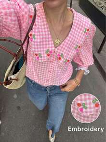 Blusa de manga larga con cuello Peter Pan, en color rosa a cuadros, con detalles de volantes y bordados, de corte regular, adecuada para uso diario y vacaciones - Rosa - Ver 1