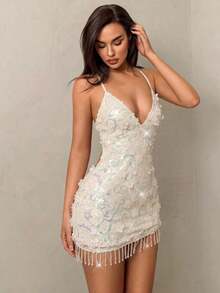 Vestido Corto de Mujer  Nuevo, Color Albaricoque, con Lentejuelas Florales, Espalda Descubierta, Cordones en la Espalda, Borlas en el Bajo, Estilo Glam Coquette,, Cuello en V, para, Playa - Albaricoque - Ver 7