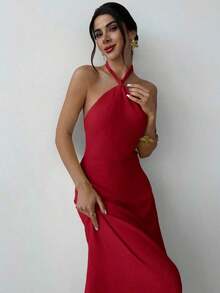 Vestido largo suelto sin mangas y sin espalda, elegante para vacaciones y fiestas, romántico y de moda para el verano, la playa - Rojo - Ver 3