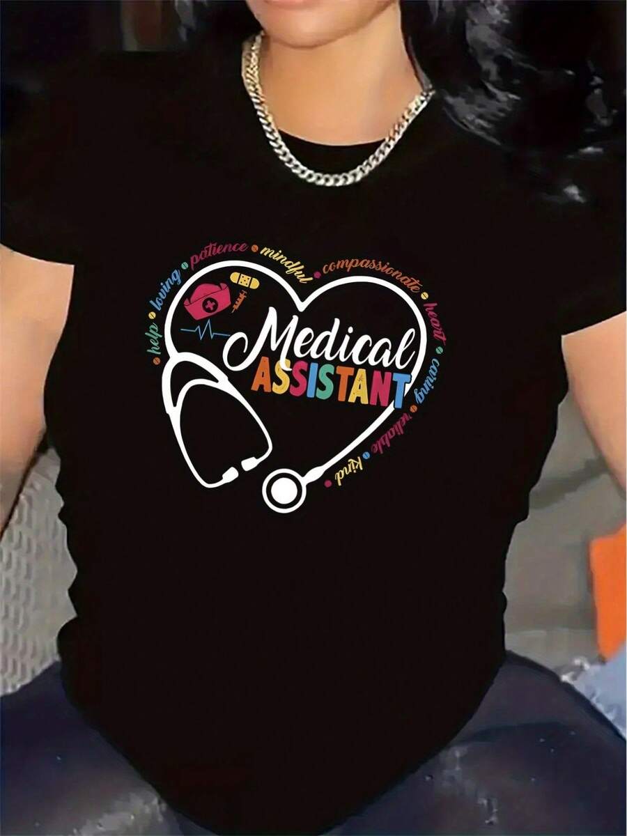 Women's T-Shirt, Work T-Shirt | Durable And Comfortable, An Ideal Choice For Hospitals, With A Bright Heart-Shaped Design, Perfect For Healthcare Professionals Working In Clinical Environments, Round Neck, Medium Stretch Fabric, Print. - 黑色 - 查看 1