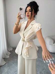Traje formal elegante de mujer color albaricoque, conjunto de blazer con cuello de volantes de organza con lentejuelas y cintura con lazo, que incluye chaqueta sin mangas y pantalones rectos, color burdeos, adecuado para Halloween, Navidad, - Albaricoque - Ver 7