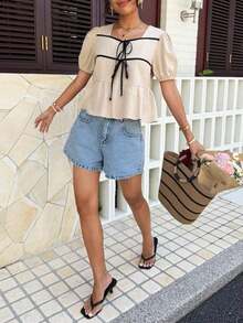 Blusa de manga corta con dobladillo de volantes y ribete de color contrastante para mujer - Albaricoque - Ver 9