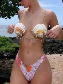 Mermaid Shell Bra With Cord Hawaiian Seashell Bikini Top Fashion Chest Chain For Women - Beige - View 5
