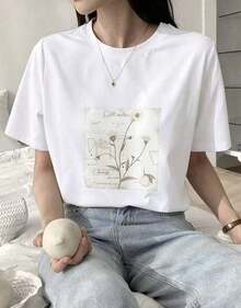Women's Casual Loose Fit Graphic T-Shirt With Plant Print, New For Spring - Vintage Street Style Unisex Cotton Short Sleeve Crew Neck T-Shirt - 白色的 - 查看 6