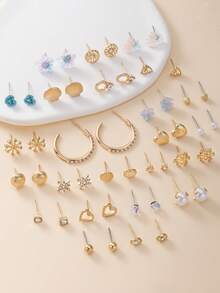 30 Pairs Assorted Earrings Set, Featuring Floral, Snowflake, Shell, Heart, Geometric Shapes, Suitable For Daily, Casual, Travel, Date Wear, Elegant Earring Jewelry Gift Set - Multicolor - View 3