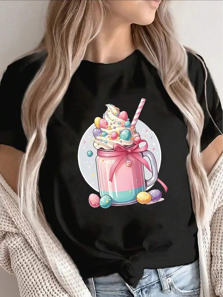 Women's Short-Sleeved T-Shirt, Made Of Black Polyester, Printed With Colorful Smoothie Designs, Suitable For Casual Wear At Home Or In Restaurants, Lightweight And Durable Design, Offering Both Everyday Comfort And Style. - Black - View 1