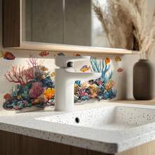 1pc Colorful Coral Reef & Tropical Fish Wall Sticker, Watercolor Ocean Theme Home Wall Decor Decal - View 5