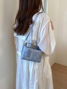 1pc Mini Denim Effect Box Shaped Bag, PU Adjustable Shoulder Strap Crossbody Zipper Handbag For Women, Suitable For Daily Use, Dating, Shopping, Work - Baby Blue - View 4