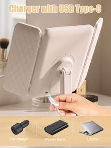 3-Fold LED Makeup Mirror, 1X/2X/3X Magnification, USB Rechargeable Vanity Mirror, 3 Lighting Modes, Touch Brightness Adjustment, Portable Folding Compact Travel Mirror, Durable Hard Shell Design, Suitable For Dorm, Office And Bedroom - Multicolor - View 10