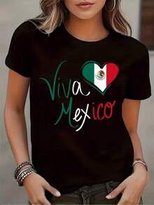 Camiseta de manga corta con cuello redondo y estampado de la bandera de Viva México para mujer, ideal para uso casual y celebraciones culturales, perfecta para el Cinco de Mayo. Tela cómoda, adecuada para regalar. 220g playeras de mujer - Negro - Ver 5