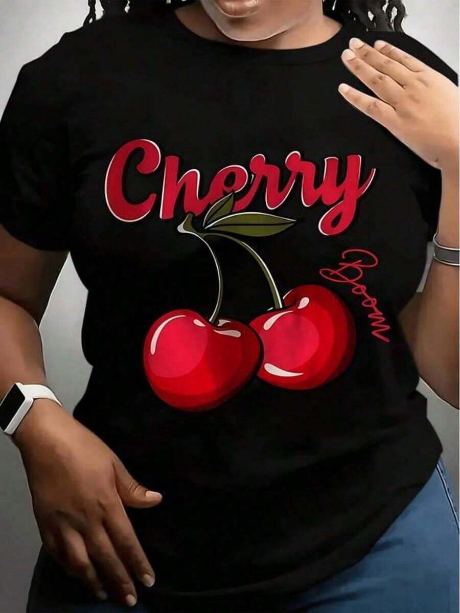 Retro Cherry T-Shirt With Cherry Graphic Print, Casual T-Shirt, Y2K Aesthetic Gift. - Unisex Vintage Urban Style T-Shirt, Cotton, Short Sleeve, Round Neck And Loose Fit. - 黑色 - 查看 1