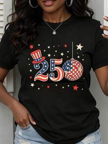 Women's Crew Neck T-Shirt With Patriotic American Flag Design 250, For Independence Day Celebration, Short Sleeve - Hitam - View 1
