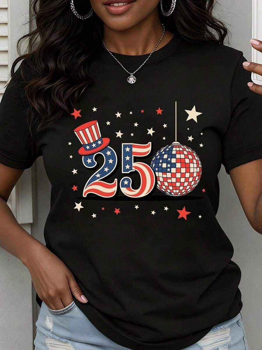 Women's Crew Neck T-Shirt With Patriotic American Flag Design 250, For Independence Day Celebration, Short Sleeve - Hitam - View 1