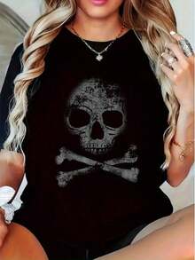 Camiseta Unisex de Estilo Gótico con Diseño de Calaveras y Rosas - Camiseta Negra para el Día de los Muertos, Manga Corta Cuello Redondo Ajuste Casual, Estampado Geométrico Floral para San Valentín, Ropa Casual Y2K, Atuendo Goth, Prenda de Calidad 100% Algodón - Negro - Ver 9