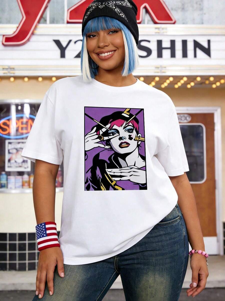 Camiseta de manga corta con cuello redondo suave y casual de verano para mujer, tops para salir, vintage, Gen Z, tops, curvas, ropa Y2K, algodón, Italia, Grecia, tops de mujer, tops bonitos, camisetas gráficas, conjuntos de primavera, estilo callejero americano, casual deportivo, estilo unisex, estilo casual urbano, casual, jersey, camisetas holgadas, ropa de calle retro, estilo de los 90, estilo de los 2000, subcultura, estilo europeo, tops negros, tops blancos, conjuntos de fiesta de los 90. Negro - Blanco - Ver 1