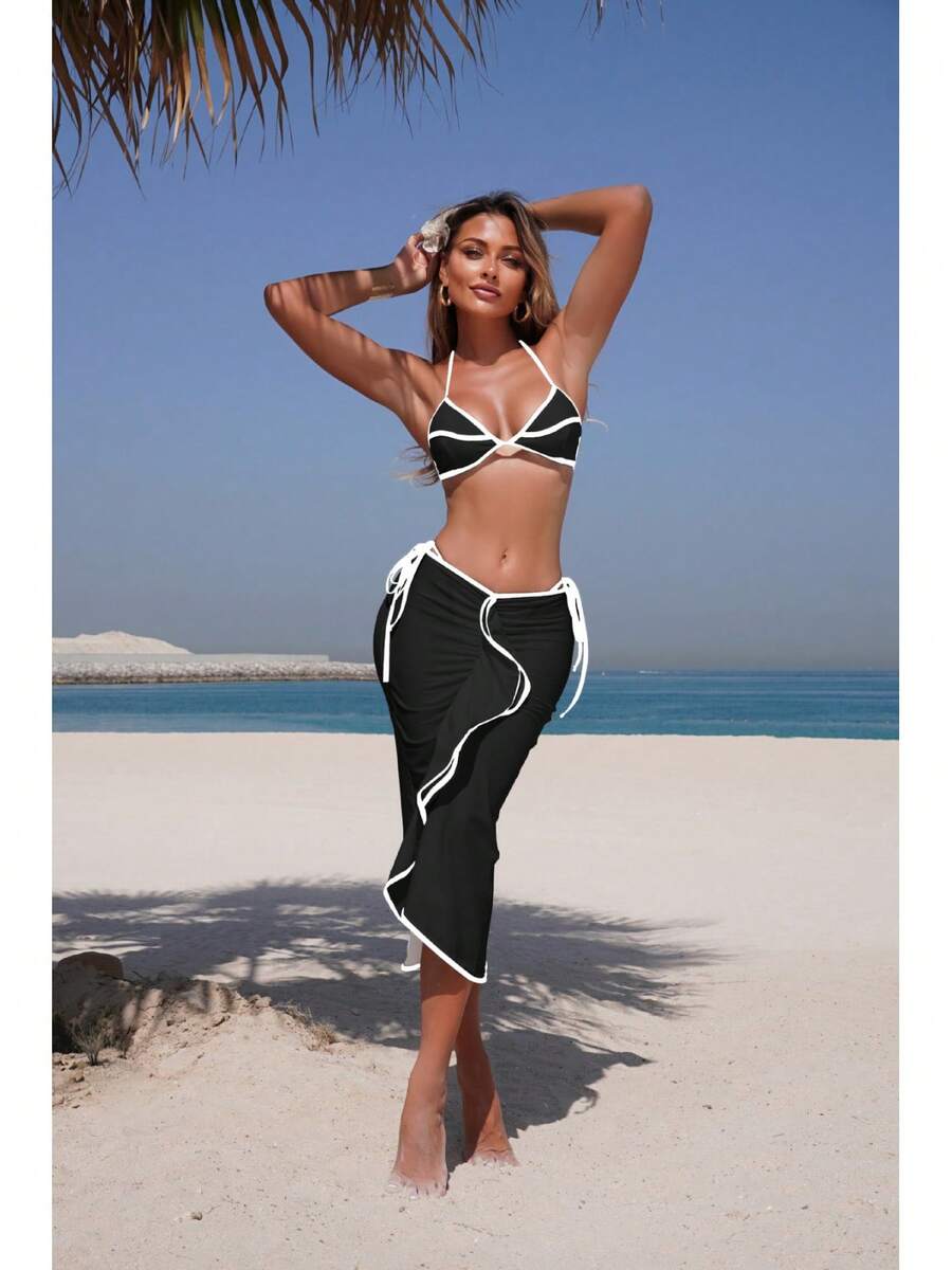 Nuevo traje de baño de tres piezas para mujer, de color sólido, moderno y sexy, con falda larga y estilo bikini. - 9333 Juego de tres piezas negro - Ver 1