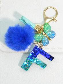 1pc Blue Heart Letter Keychain With Butterfly & Flower Decor, Women Bag Charm, Gift Keyring With Pom Pom - Royal Blue - View 28