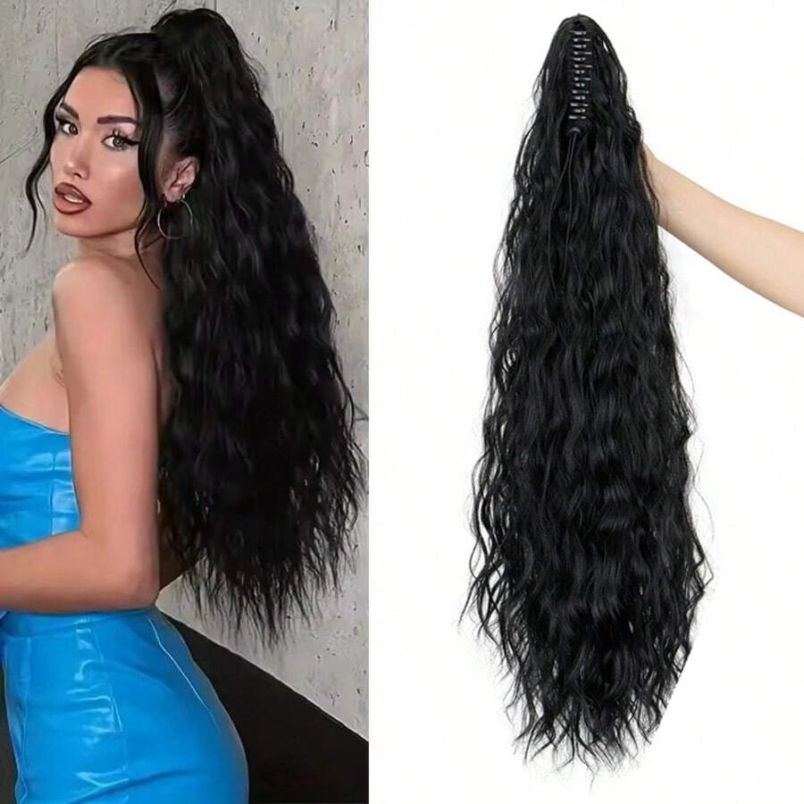 Tóc giả bện xoăn gợn sóng dài 26 inch, sợi tổng hợp chịu nhiệt, thích hợp cho phụ nữ và bé gái sử dụng hàng ngày. - Màu đen tự nhiên - Xem 1