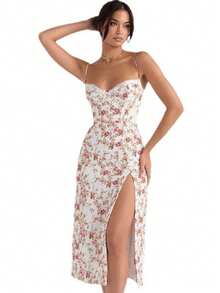 Strappy Dress With Subtle Floral Print, Side Slit, Exclusive Spring Fashion Style - Pearl White - View 2
