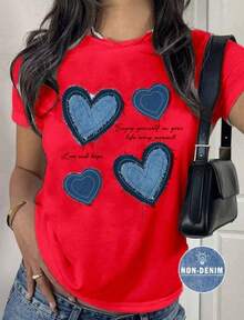Playera básica mujer dama cuello redondo manga corta estampado GRAFICO DE CORAZON HEART GRAPHIC ESTAMPADO EFECTO MEZCLILLA DENIM EFFECT PRINT2026 - Rojo - Ver 6