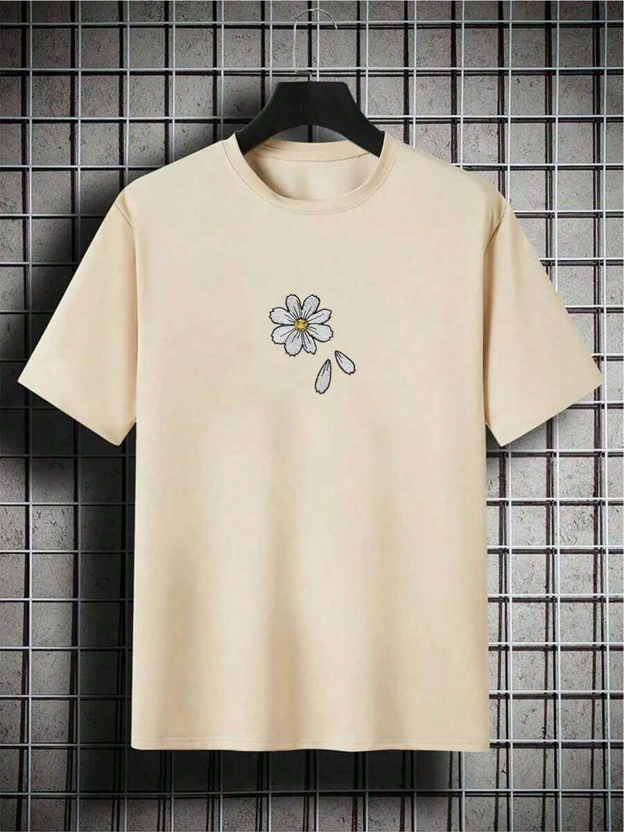 Camiseta Holgada Sencilla Mujer Estilo Moderno Camisetas Gráficas para Hombre, Camisa de Hombros Caídos con Bordado Floral, 100% Algodón Camiseta Mujer Estampado Gráfico Verano 2026 - Albaricoque - Ver 1