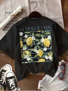 Camisetas manga corta mujer crew neck T-shirt "Lemon" "Flower" 100% Algodón Puro y Transpirable |       Camiseta de mujer "La Dolce Vita" con estampado de limón y flores - Camiseta casual de manga corta con cuello redondo y limones amarillos vibrantes y flores blancas, ligera y transpirable para el verano, camisetas para damas - Negro - Ver 2