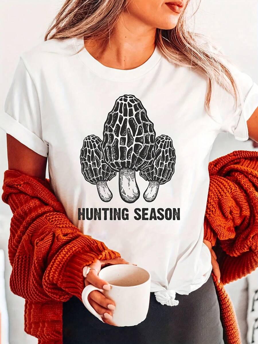 Playera de cuello redondo con estampado de hongos, top casual de manga corta para verano y primavera, ropa de mujer - [Blanco] - Ver 1