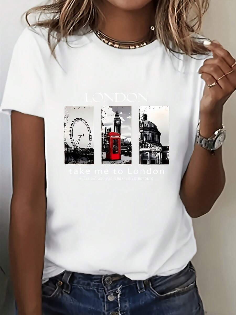 Women's Summer Short-Sleeved T-Shirt, European And American Style, With London Letter Print And Iconic City Buildings, A Modern And Stylish Feminine Combination - [白色的] - 查看 1