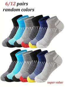 6/12 Pairs Value Pack Men's Sports Socks, Thin Mesh Breathable Socks For Spring/Summer, Minimalist Contrast Color Design, Comfortable & Lightweight, Suitable For Running, Gym, Hiking - Multicolor - View 2