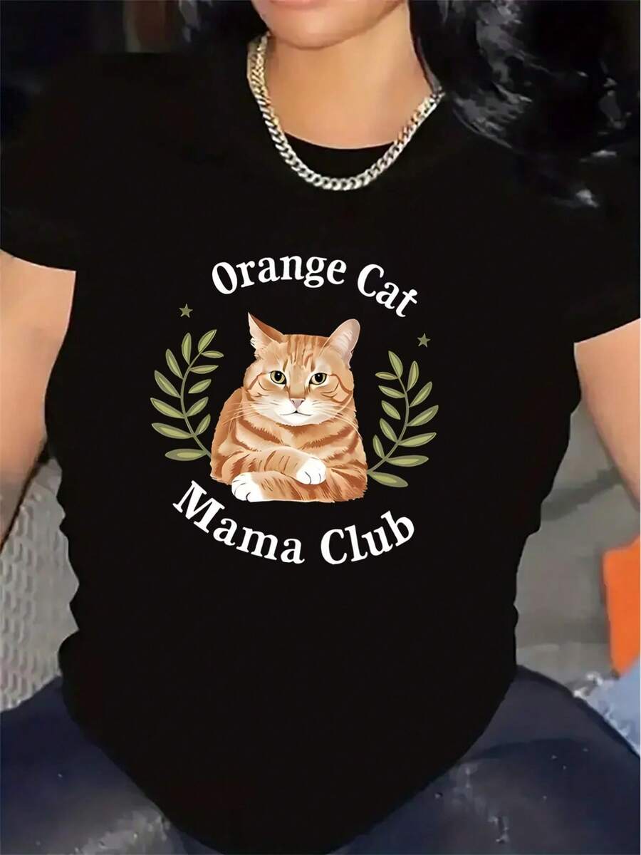 Camiseta de manga corta para mujer con estampado de "club de mamás de gatos naranjas", ligera y duradera, perfecta para el hogar, la cocina o salidas informales, ajuste cómodo, material suave, moda para el día a día, un regalo para amantes de las mascotas. - Negro - Ver 1