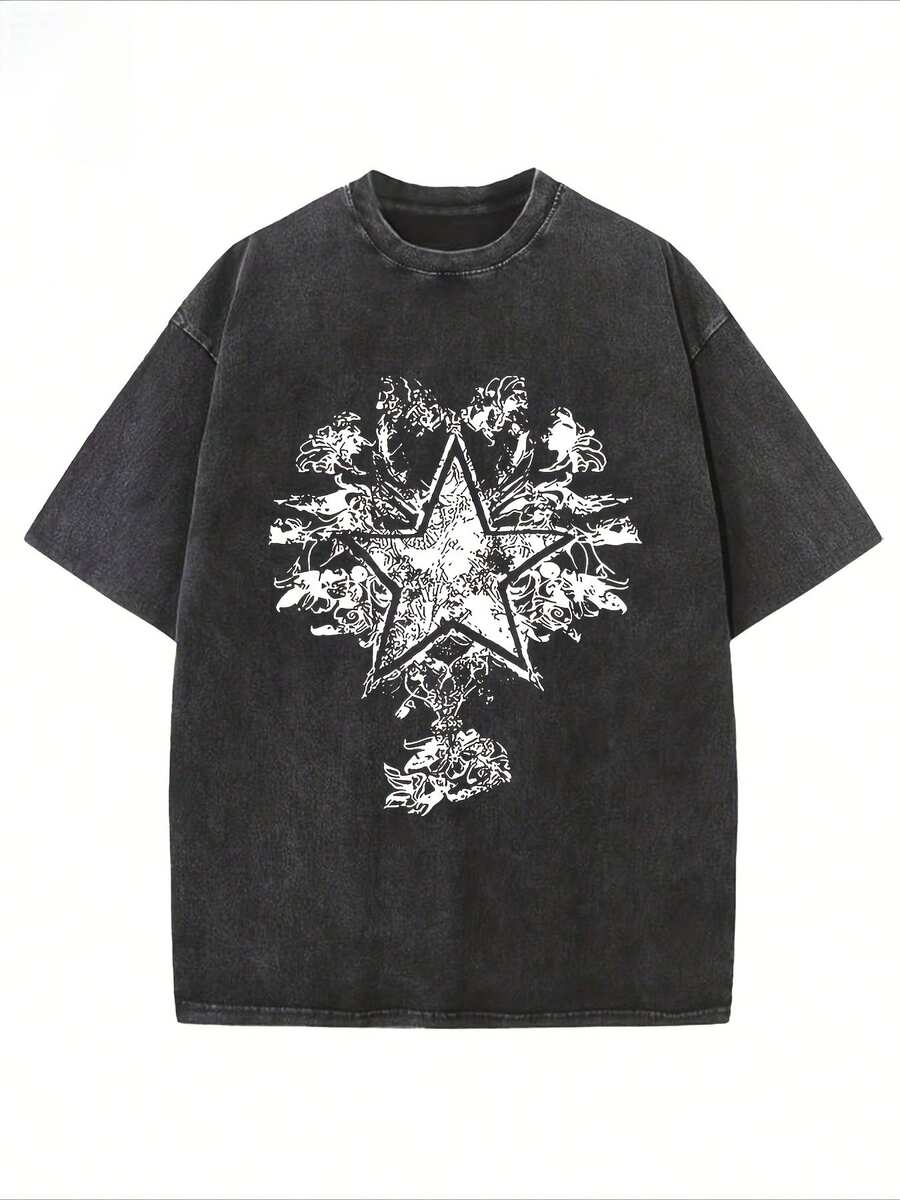 Camiseta casual vintage cómoda y lavada para mujer, camiseta de manga corta con cuello redondo,% algodón lavado y versátil para hombre, adecuada para uso diario y atuendos de, estilo unisex. - Negro - Ver 1