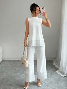 Set de 2 piezas para mujer: Top de cuello alto sin mangas con parches de lentejuelas y pantalones - Blanco - Ver 5