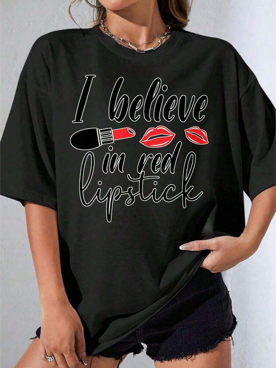 Camiseta Negra y Blanca para Mujer, Camiseta Blanca de Talla Grande con Estampado Gráfico de "I Believe In Red Lipstick" con Diseño de Lápiz Labial y Labios, Ropa Casual de Verano para Mujer, Camiseta Estampada para Fiestas al Aire Libre, 180g - Negro - Ver 1