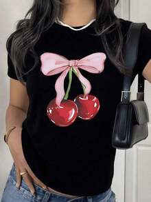 CasualPlayera Negra Liso de Mujer Ajustada, Camiseta Estética Coquette Y2K con Gráfico de Cereza y Moño Rosado, Tops de Moda Juvenil y Casual, Blusas Bonitas Elegantes para Mujer, Ropa Vintage de Verano, Camisas LindasMust-have - Negro - Ver 7