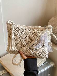 Handwoven Small Crossbody Bag, New Woven Shoulder Bag, Niche Beach Style, Versatile, Square Envelope Bag, Fashionable, Ins Style, Vacation Beach Bag - White - View 8