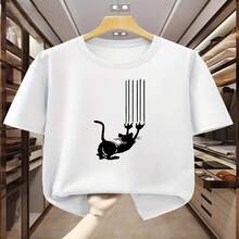 Camiseta de talla grande para hombre 100 % algodón con estampado de gato rascando teclas de piano, cuello redondo, cómoda y casual de manga corta para verano, TALLA GRANDE - Blanco - Ver 2