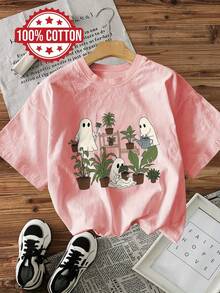 Camiseta de edición limitada con estampado gráfico, manga corta, cuello redondo, top casual para verano y primavera, ropa de mujer, algodón ligero. - Blanco - Ver 8