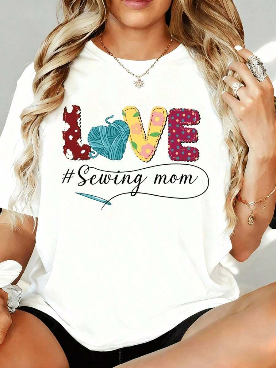 "Love Sewing Mom" T-Shirt For Women, Casual T-Shirt With Graphic Design Of Yarn And Patchwork For Craft Lovers And Mothers, 180g, For Home, Outdoors, Gift For Valentine's Day Or Holidays - 白色 - 查看 1