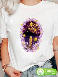 Camiseta de manga corta informal para mujer, con estampado de faroles entrelazados, cuello redondo, a la moda, para vacaciones de verano. - Blanco - Ver 12
