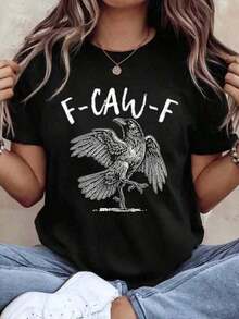 Camiseta de manga corta informal para mujer, ideal para vacaciones de verano, con un estampado de cuervo y el texto "F-CAW-F" - Ropa casual para mujer. Camiseta con Estampado de Cuervo - Camiseta Casual de Verano con un Atrevido Estampado Negro, Perfecta para Actividades al Aire Libre y Uso Casual. Ropa Deportiva para Exteriores |       Camiseta con Estampado Atrevido | Ajuste cómodo, camiseta de mujer para uso diario y fiestas de Halloween. 220g2026, Conjuntos de Verano para Mujer, Conjuntos de Vacaciones para Mujer, Ropa de Verano, Conjuntos de Primavera para Mujer, Blusas de Verano, Conjuntos para Festivales, Conjuntos de Pascua para Mujer - Negro - Ver 11
