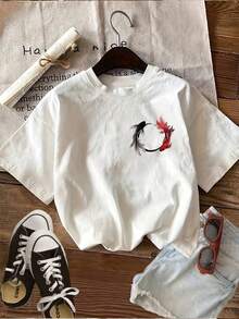 Limited EditionWomen'S Summer Clothing Featuring Double-Sided Prints In A New Style, With Koi And Flower Designs., Casual Round-Neck Short-Sleeve-ShirtLightweight Cotton - 白色 - 查看 4
