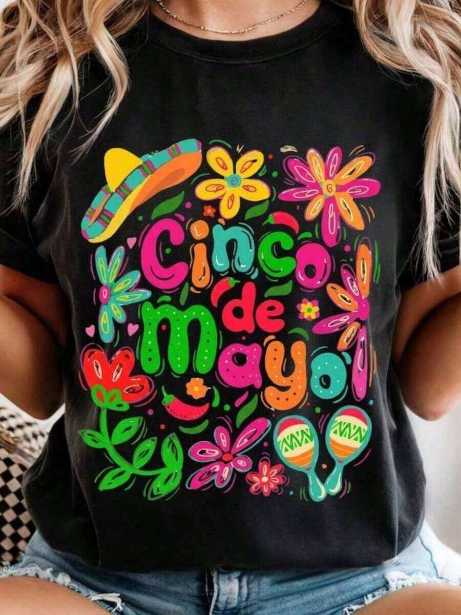 Camiseta Unisex, Vintage Cinco De Mayo ®   T-Shirt, Fiesta Graphic Tee, Floral Mexican Party Shirt,  Women'S Cinco De Mayo Top,Ropa De Mujer Blusas Para Dama Casuales Camisas De Mujer Blusa Blusas Para Mujer Camisas,Lightweight, Breathable Fabric,Pretty Style, Summer Outfit,Cool , School & Daily - Negro - Ver 1