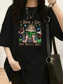 Camiseta Con Estampado Exclusivo Bookworm - Top Casual De Moda Para Mujer, Cuello Redondo, Manga Corta, Mezcla De PoliéSter Suave, Corte Holgado, Esencial Para La Moda De Primavera/Verano,Norpojin Ropa De Calor Mujer Maija Maija Mujer Luargla Deeka Ontre Mujer Premium Ontre Mujer Blusa Casual Mujer Blusas Casuales Para Dama - Negro - Ver 7