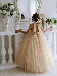 Tween Girl Sleeveless Halter Bow Pearls Tulle Princess Dress, Suitable For Birthday Party, Wedding, Flower Girl, Prom, Holiday Occasions - Champagne - View 1