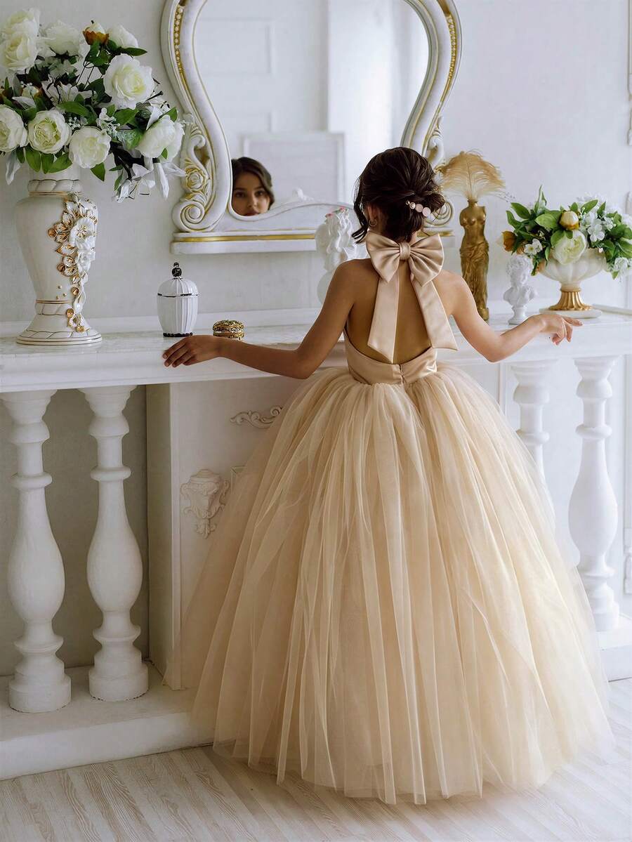 Tween Girl Sleeveless Halter Bow Pearls Tulle Princess Dress, Suitable For Birthday Party, Wedding, Flower Girl, Prom, Holiday Occasions - Champagne - View 1