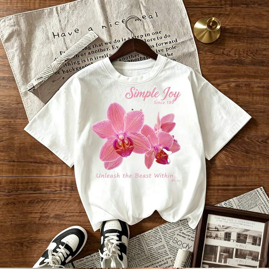 Simple Joy Pink Orchid Print for Women Short Sleeve Unleash the Beast Within Elegant Floral Design Classic Since 189 Stylish Summer Top Comfortable Fabric Lightweight and Breathable Fashionable Trendy Item Perfect for Casual Wear Ideal Gift Option for Special Occasions Unique and Eye Catching Pattern High Quality Material Durable and Long Lasting Choice for Everyday Use Versatile Style Suitable for Various Outfits Boost Confidence with Bold and Beautiful Design - Blanco - Ver 1