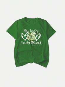 Soft Plus Size Graphic Print Round Neck Short Sleeve T-Shirt, Casual Blouse For Women, Cotton T-Shirts For Women - 綠色 1 - 查看 3