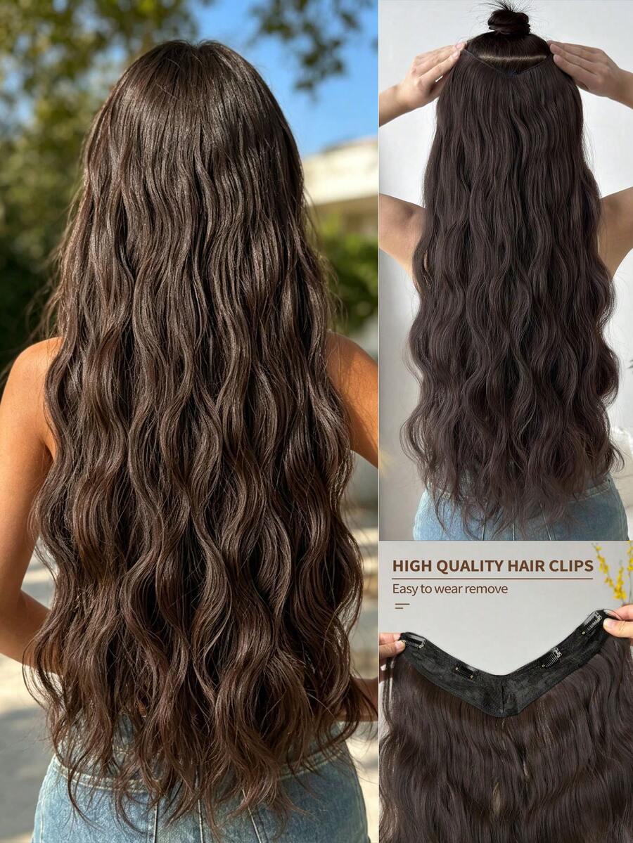 26 Inch V-Shaped Clip-In Synthetic Hair Extensions, Brown Color, Natural Wavy Curls, Suitable For Women's Daily Wear