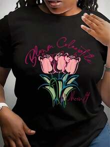 Soft And Breathable Women's T-Shirt - Floral Print Of Tulips And Vibrant Roses, Round Neck, Casual T-Shirt, Natural Fiber, Machine Washable For Spring And Summer Outfits, Casual T-Shirt With Vibrant Tulip Design, Breathable Material - 黑色 - 查看 6